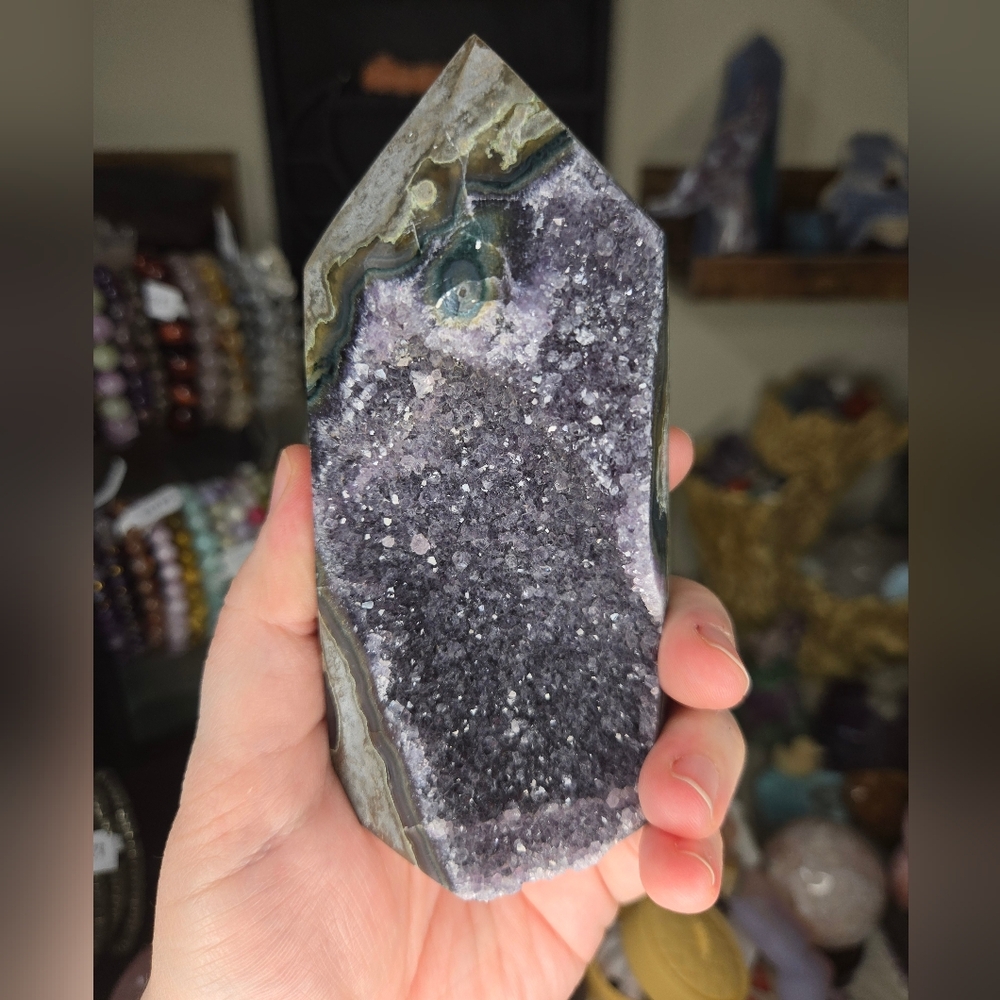 Dark Purple Amethyst Cut Base Crystal Point Tower
